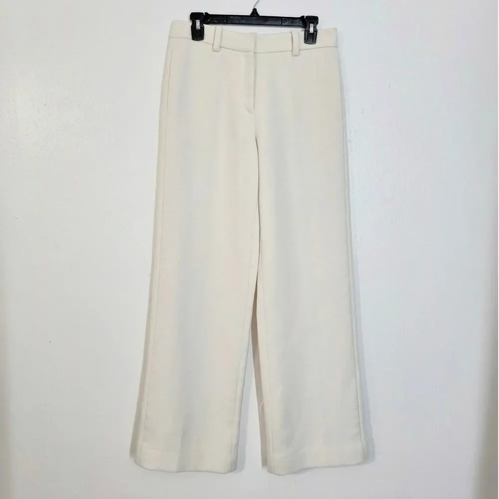 Tory Burch Thomas Trouser High Rise Wide Leg Textured Double Weave Ivory Twill